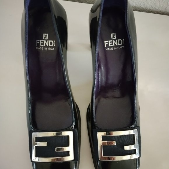 FENDI Silver FF Logo Black Patent Leather Square Toe Heels Vintage New 5.5M - Picture 1 of 12